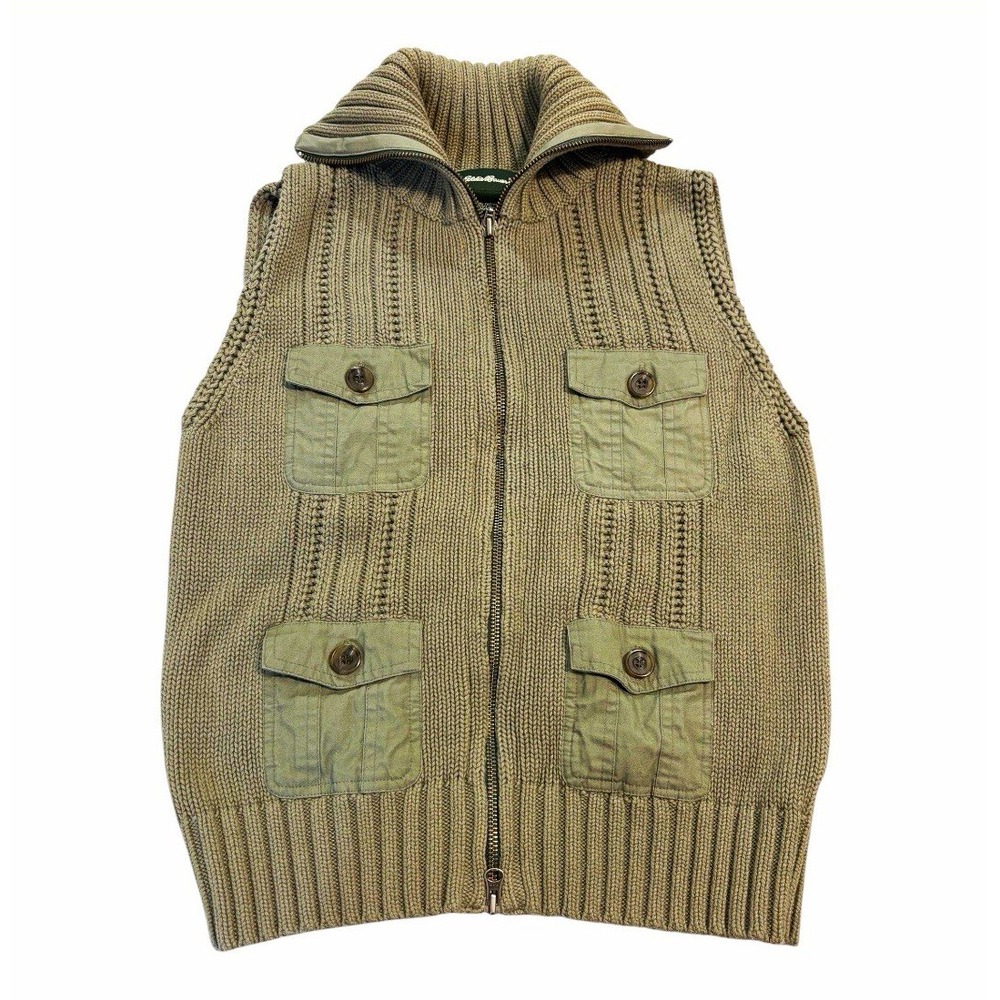 Eddie Bauer Rib Knit Full Zip Olive Green Sweater Vest Women's S Cargo Pockets